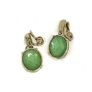 TJG Gold tone Clip on Earrings Faceted Green Stone Dangling Oval Jewelry